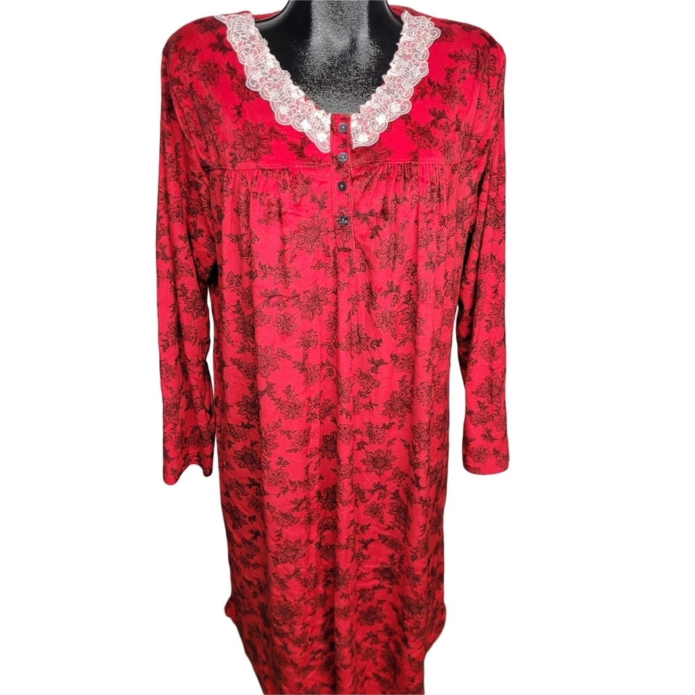 Penman's Red Velour Floral Lace Trim Grannycore Holiday Maxi Nightgown XL